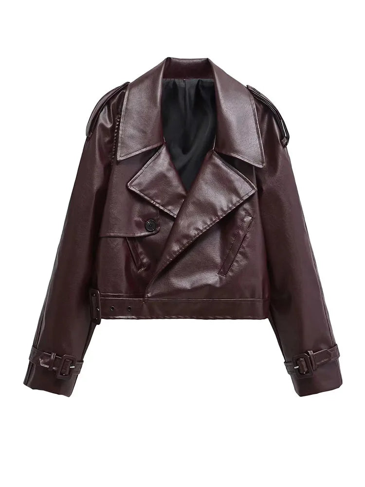 Cralom Faux Leather Bomber Jacket for Women's Streetwear Fashion