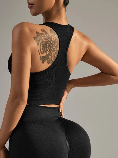 Cralom Ribbed Yoga Bra Racer Back Crop Top Seamless Sports Tank Gym Fitness