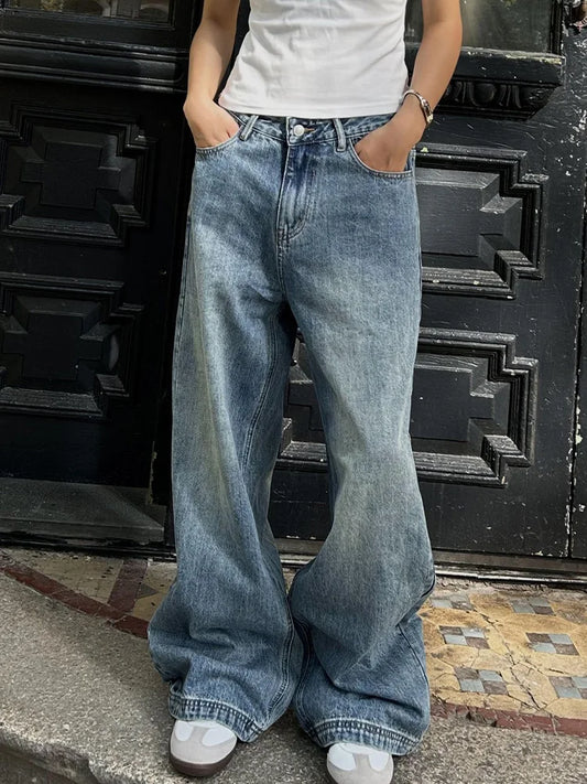 Cralom Vintage Blue Wide Leg High Waist Jeans for Women