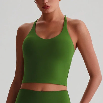 Cralom Nude Yoga Top with Detachable Chest Pads and Crossover Back