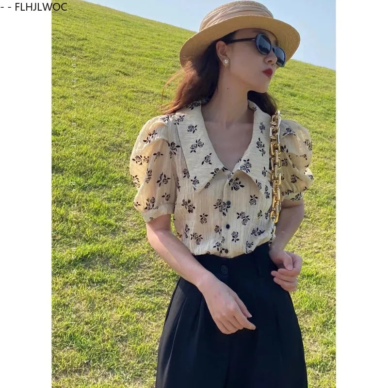 Cralom 2025 Summer Puff Sleeve Floral Print Vintage Shirts