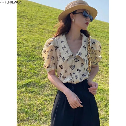 Cralom 2025 Summer Puff Sleeve Floral Print Vintage Shirts