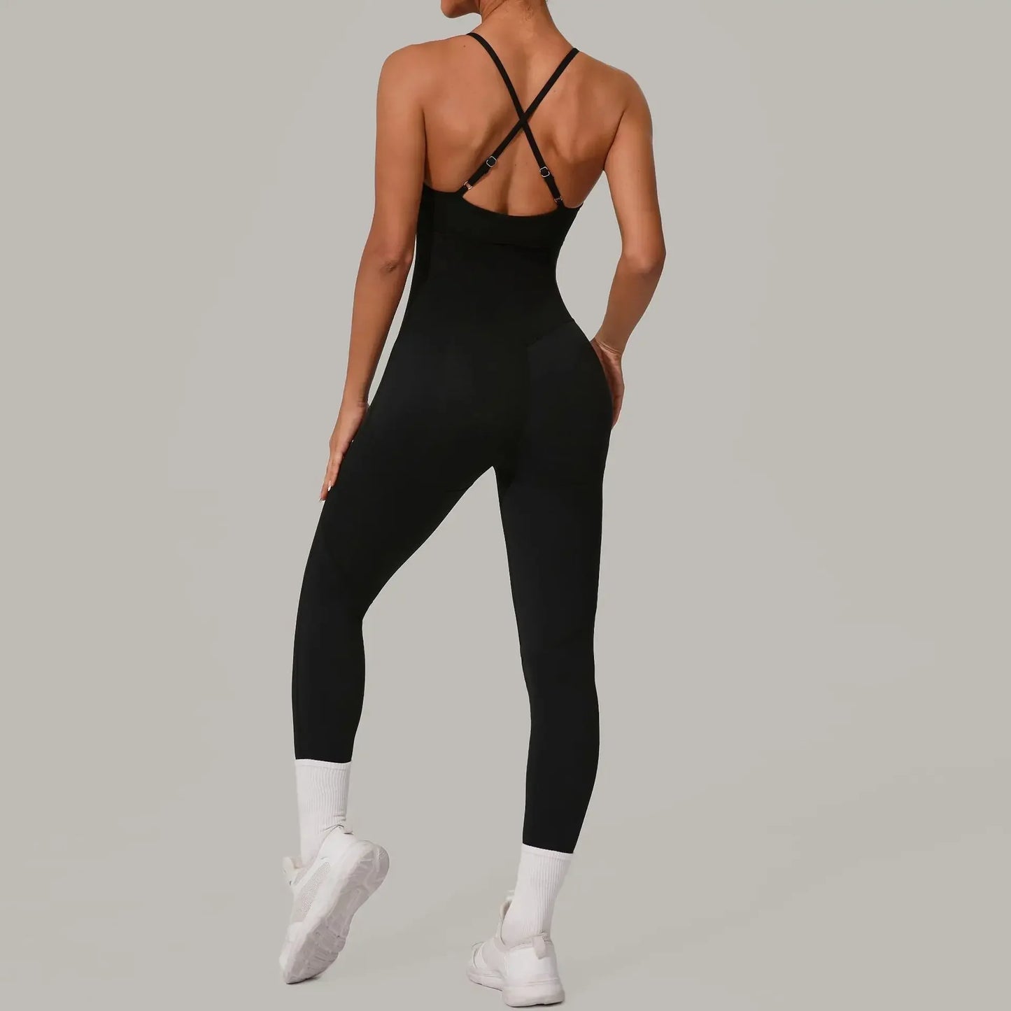 Cralom Seamless Cross Back Yoga Jumpsuit - Adjustable Straps, Butt Lifting