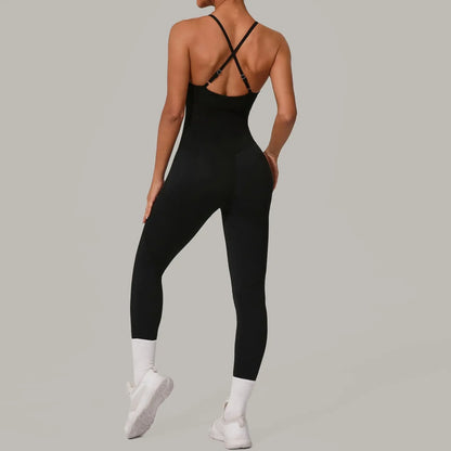 Cralom Seamless Cross Back Yoga Jumpsuit - Adjustable Straps, Butt Lifting