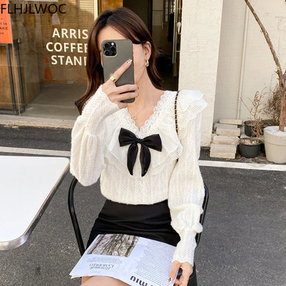 Cralom Lace Ruffle Bow Tie Blouse - White
