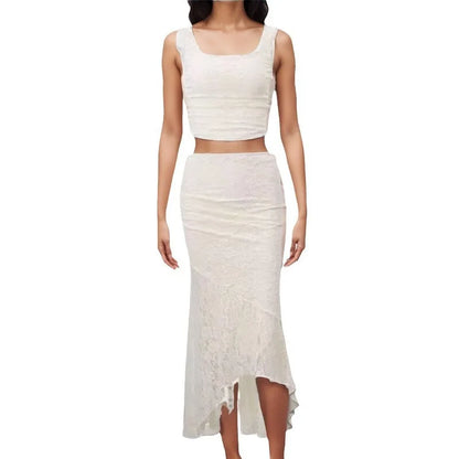 Cralom Pleated Suspender Top & Lace Skirt Suit - French Style Feminine Outfit