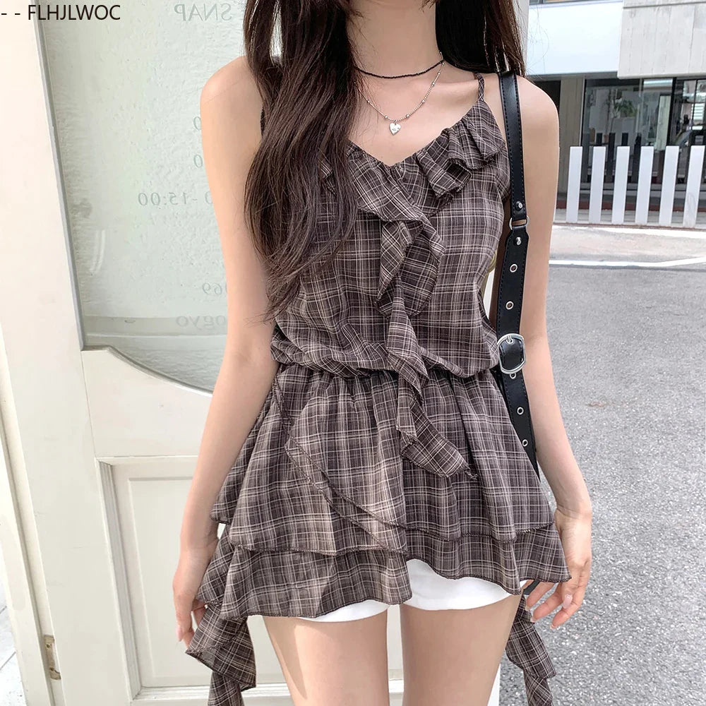Cralom Plaid Peplum Top: Sleeveless Retro Ruffles and Slim Fit Blouse