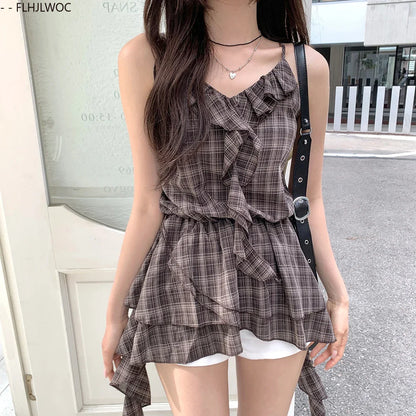 Cralom Plaid Peplum Top: Sleeveless Retro Ruffles and Slim Fit Blouse