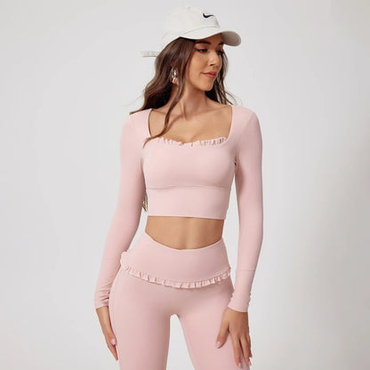 Cralom Fitness Long Sleeve Square Neck Yoga Top Gym Sportswear