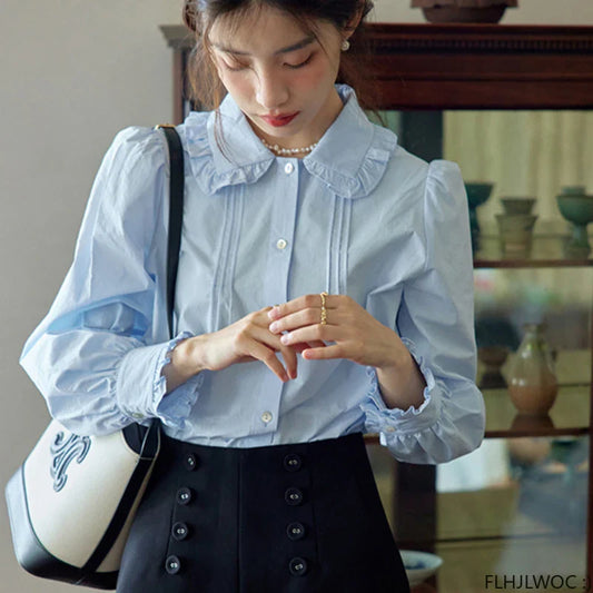 Cralom Blue Cotton Peter Pan Collar Blouse: 2023 Summer Chic Women's Shirt