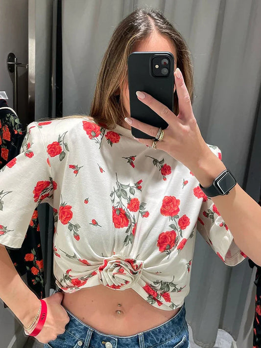 Cralom 3D Rose Print Women's Crop Top - Vintage Floral Retro Design