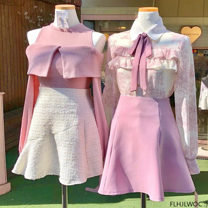 Cralom Ruffled Bow Tie Tops Pink White Blouses