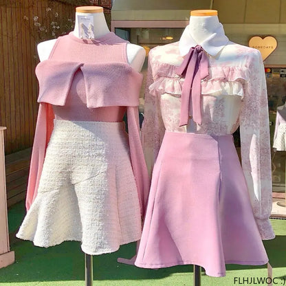 Cralom Ruffled Bow Tie Tops Pink White Blouses