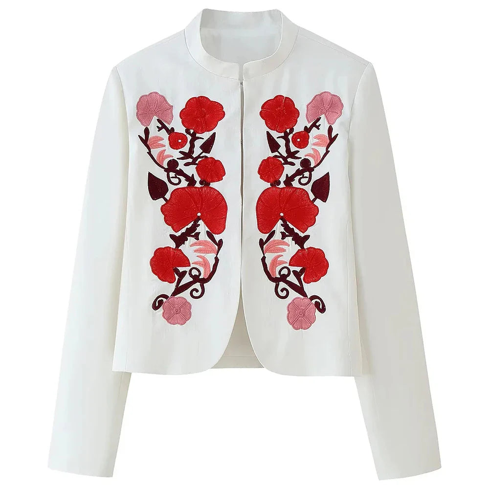 Cralom Embroidery Short Jackets O Neck Long Sleeve Coats Female