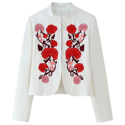 Cralom Embroidery Short Jackets O Neck Long Sleeve Coats Female