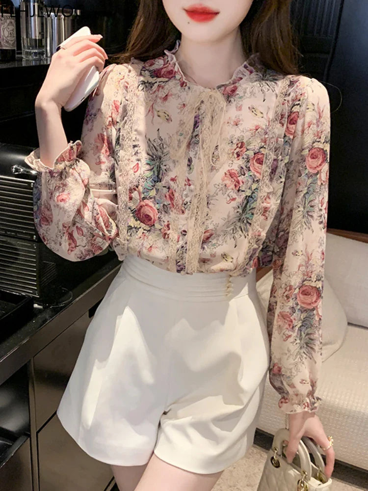 Cralom Chic Floral Button Blouse - Pink Ruffled Tops for Women