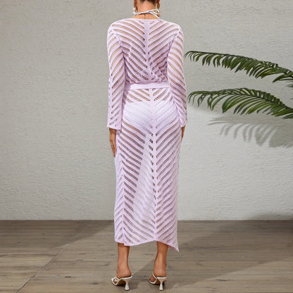 Cralom Mesh Hollow Chest Wrap Long Sleeve Top Dress - Summer 2025