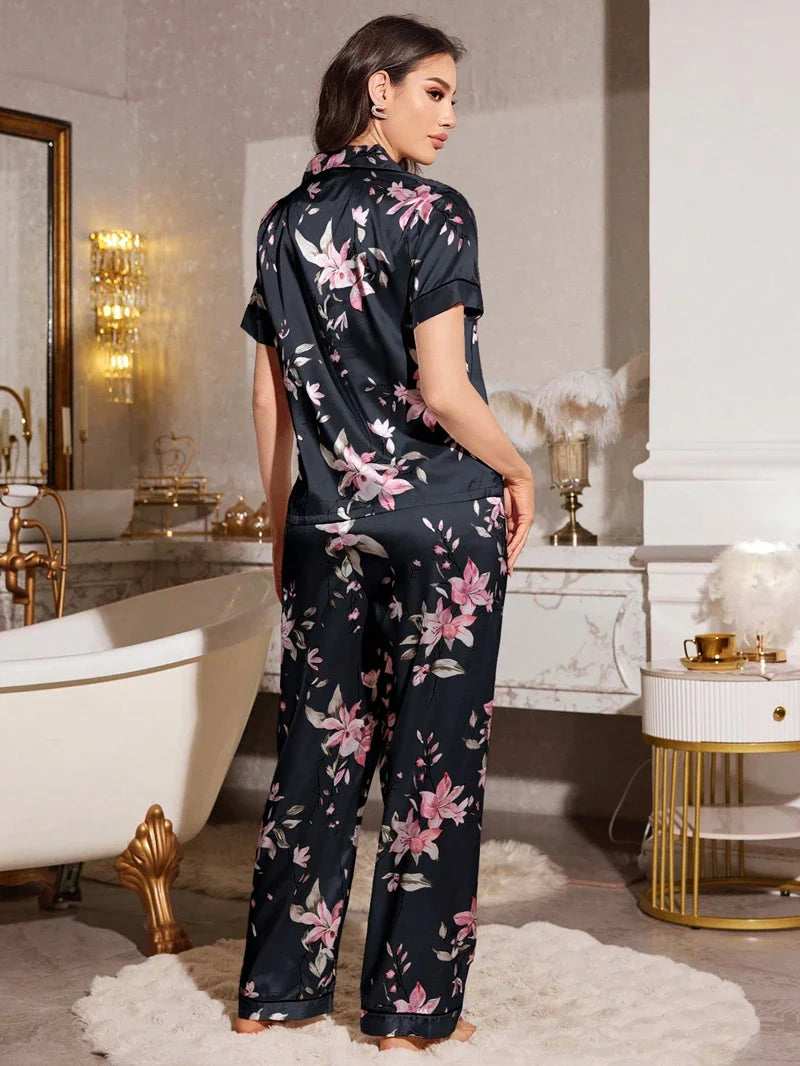 Cralom Floral Satin Pajama Set - Short Sleeve Button-Up Tops and Pants