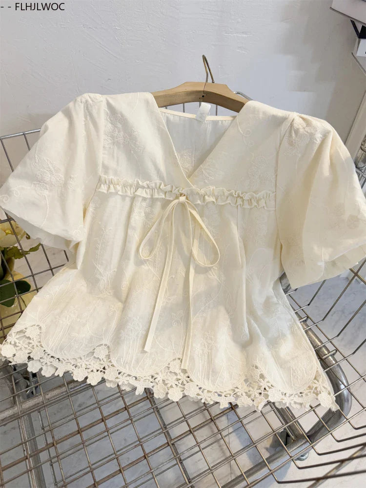 Cralom Cute Bow Tie Lace Blouse Japanese Style Summer Top