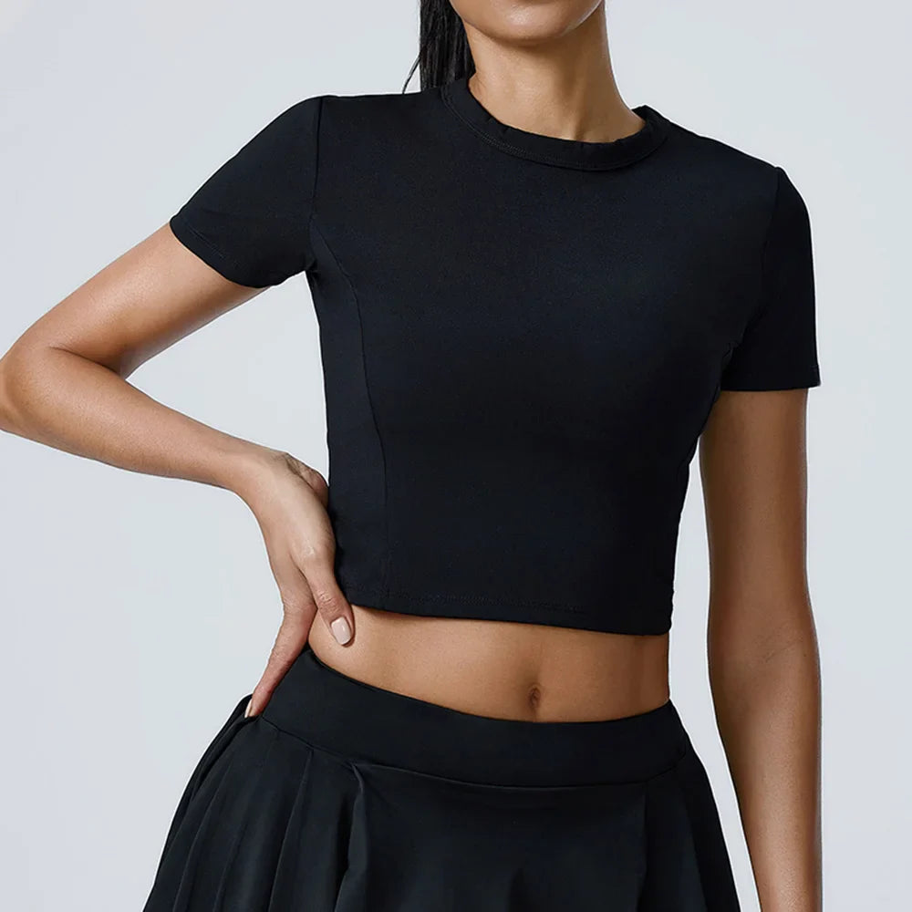 Cralom Yoga High Elastic Fitness Top: Short Sleeve Dance Running Gym Workout Tee