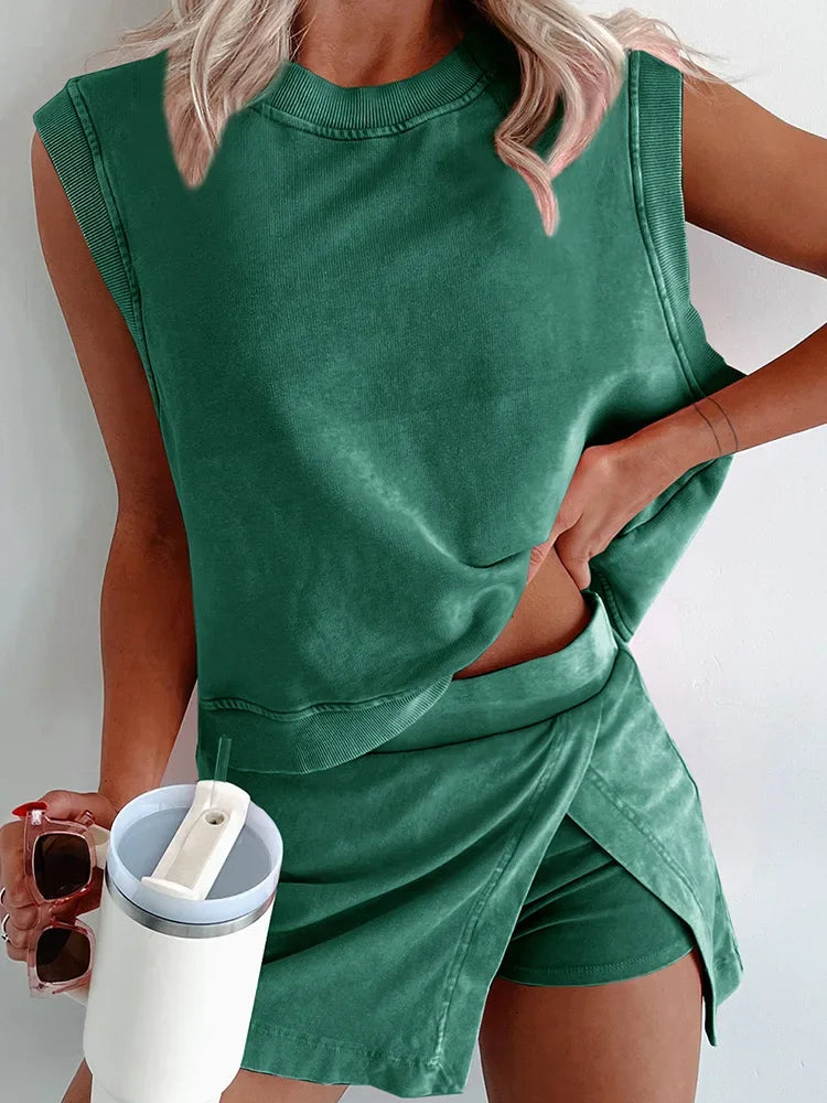 Cralom 2025 Two Piece Short Sets: Pullover Top & High Waist Cotton Outfits