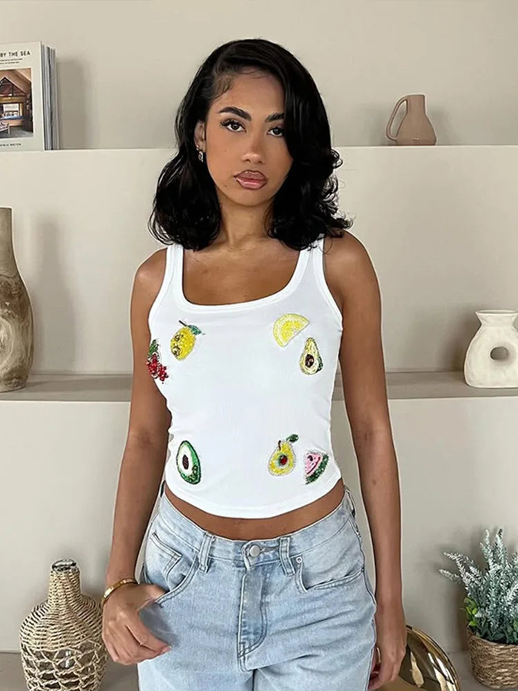 Cralom Fruit Print Crop Top Summer Sleeveless T-shirt Female Fashion Club Vest