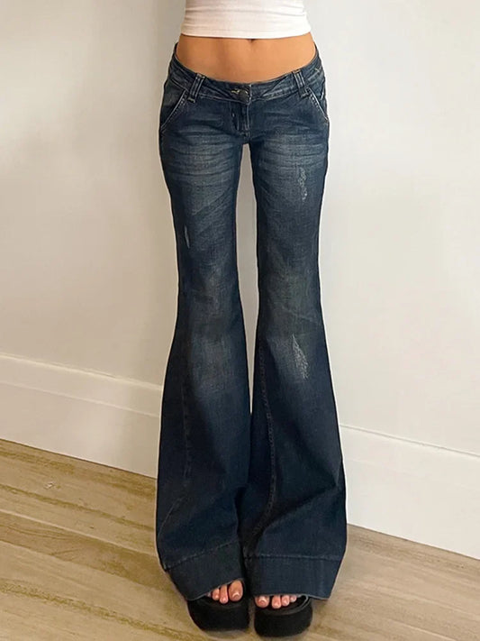 Cralom Vintage Washed Flared Jeans - Low Waist Korean Style Streetwear Women's Pants