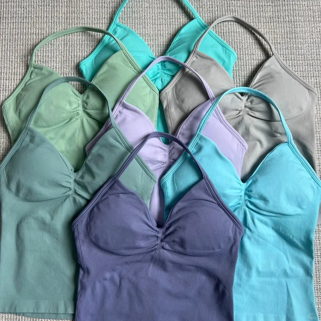 Cralom Seamless Longline Strappy Bra Tank Top with Pads for Yoga and Gym