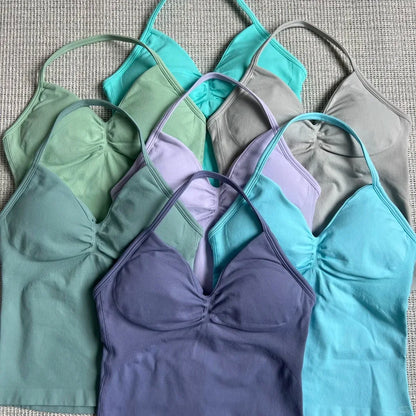 Cralom Seamless Longline Strappy Bra Tank Top with Pads for Yoga and Gym
