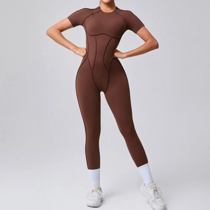 Cralom Seamless Backless Yoga Bodysuit - Short Sleeve Long Pants