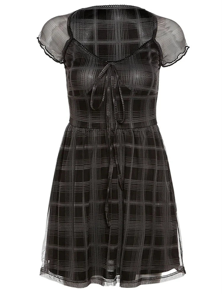 Cralom Lattice Pattern A-Line Mini Dress: 2021 Summer Casual Streetwear