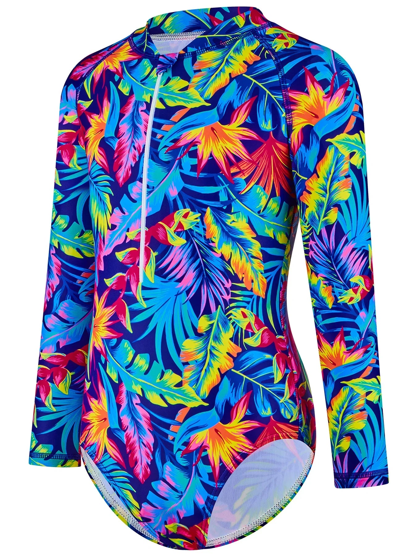 Girls Boyleg Shorts One-Piece Swimsuit, Long Sleeve, Colorful Leaves Print - Cralom