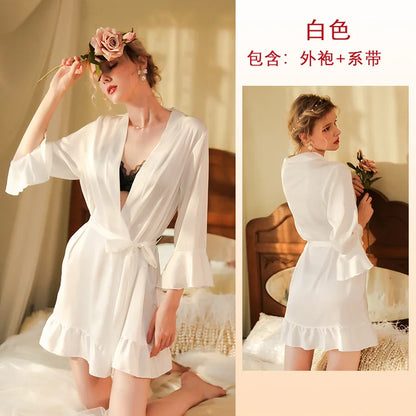 Cralom Sexy Silk Pajama Set: Stylish Lotus Leaf Cuff Robe & Nightgown Combo