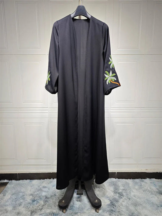 Cralom Black Ramadan Embroidered Abaya Kimono for Muslim Women