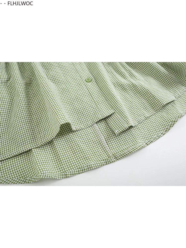 Cralom Retro Vintage Plaid Green Button Blouse Summer Casual Short Sleeve