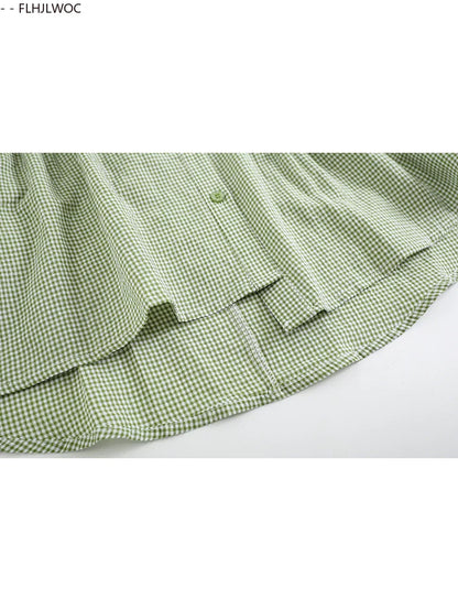 Cralom Retro Vintage Plaid Green Button Blouse Summer Casual Short Sleeve