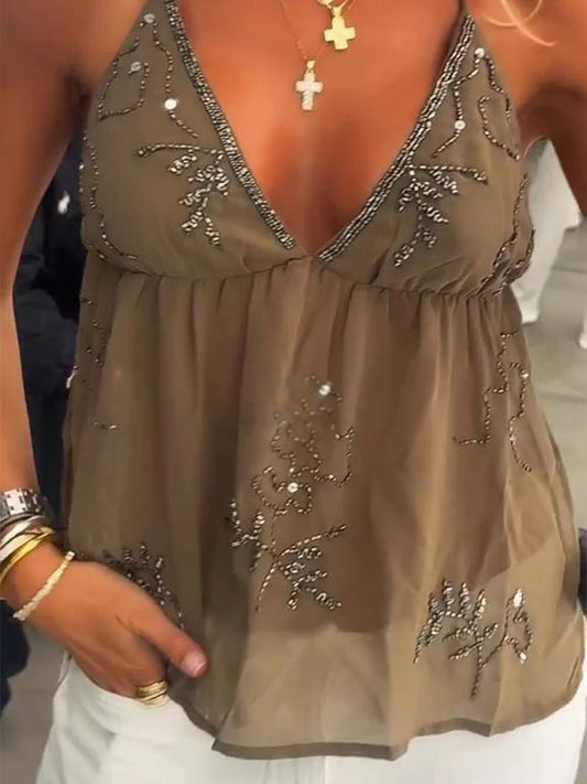 Cralom Sequin Embroidery Halter Vest Rhinestone Lace Up Sleeveless Top