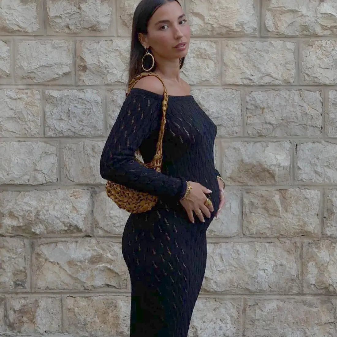 Cralom Off-Shoulder Knitted Long Dress with Elegant Hollow Out Design