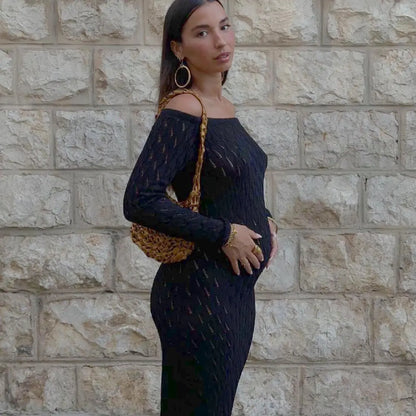 Cralom Off-Shoulder Knitted Long Dress with Elegant Hollow Out Design