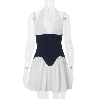 Cralom Black & White Color Block Sexy V-neck Waist Dress
