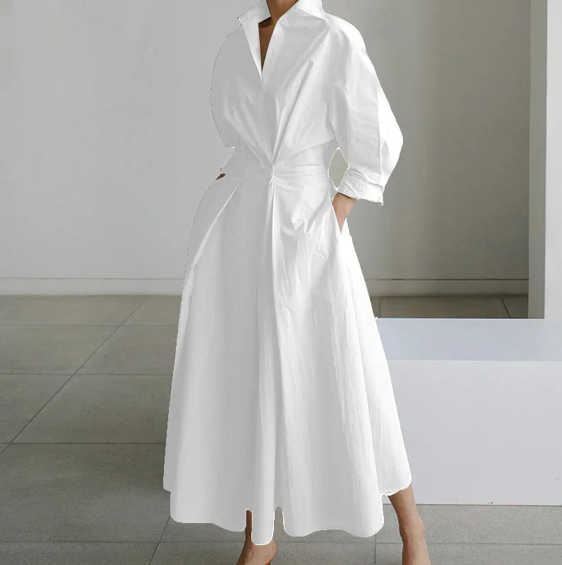 Cralom White Dot Print Maxi Dress - Elegant V Neck Autumn Long Sleeve Party Robe