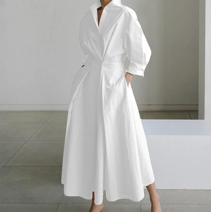 Cralom White Dot Print Maxi Dress - Elegant V Neck Autumn Long Sleeve Party Robe