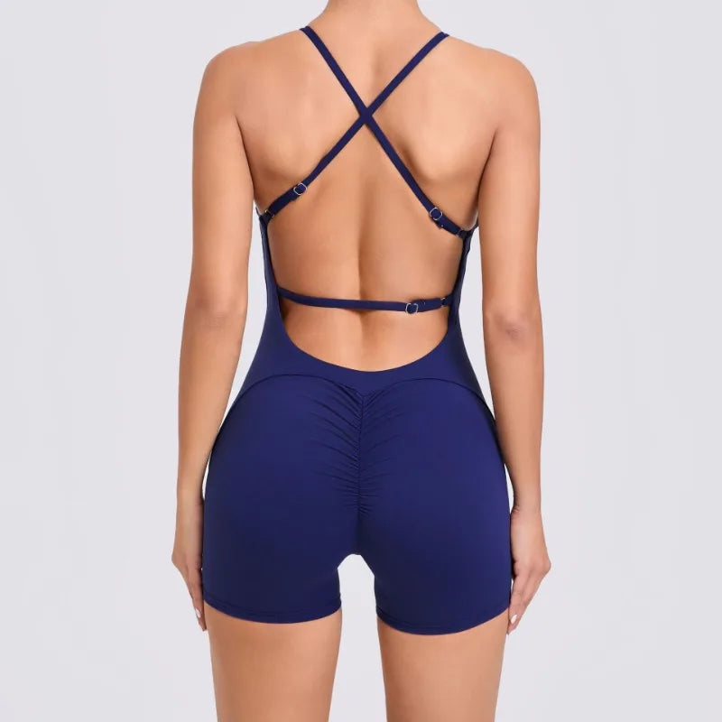 Cralom Women's Gym Fitness Jumpsuit Open Back Shorts Yoga Set