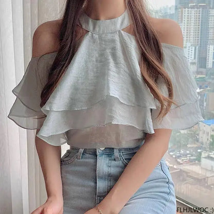 Cralom Sheer Mesh Off Shoulder Ruffle Top - Chic, Sexy, & Stylish