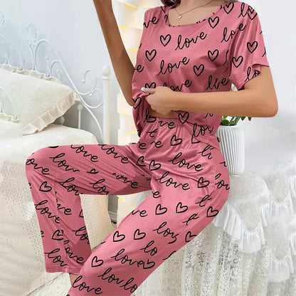 Cralom Dark Pink Letter Printed Pyjamas Set with Eye Mask