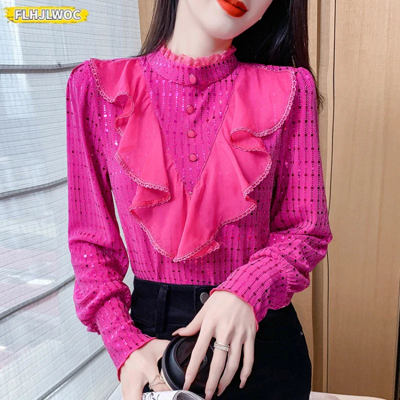 Cralom Sparkly Sequin Ruffle Trim Blouse Slim Fit