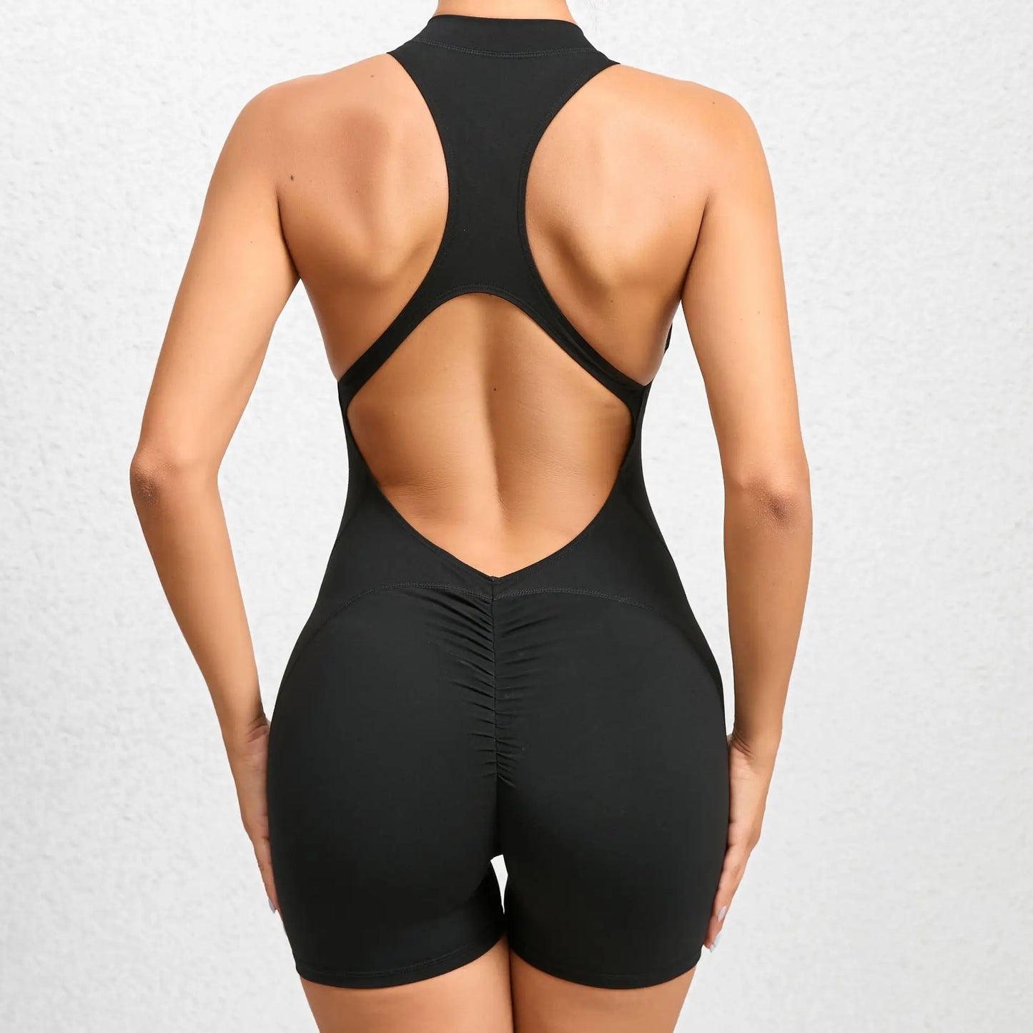 Cralom Seamless Yoga Bodysuit: Zip-Front Peach Booty Ruched One-Piece