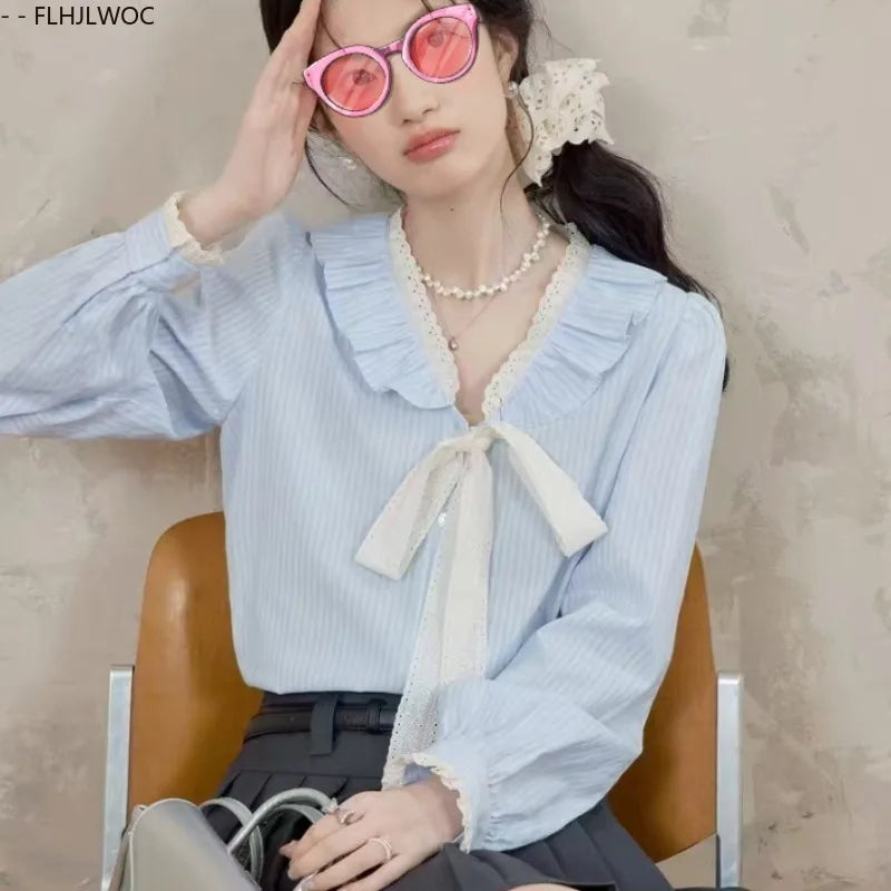 Pink Ruffles Blouse with Bow Tie & Button Detail by Cralom