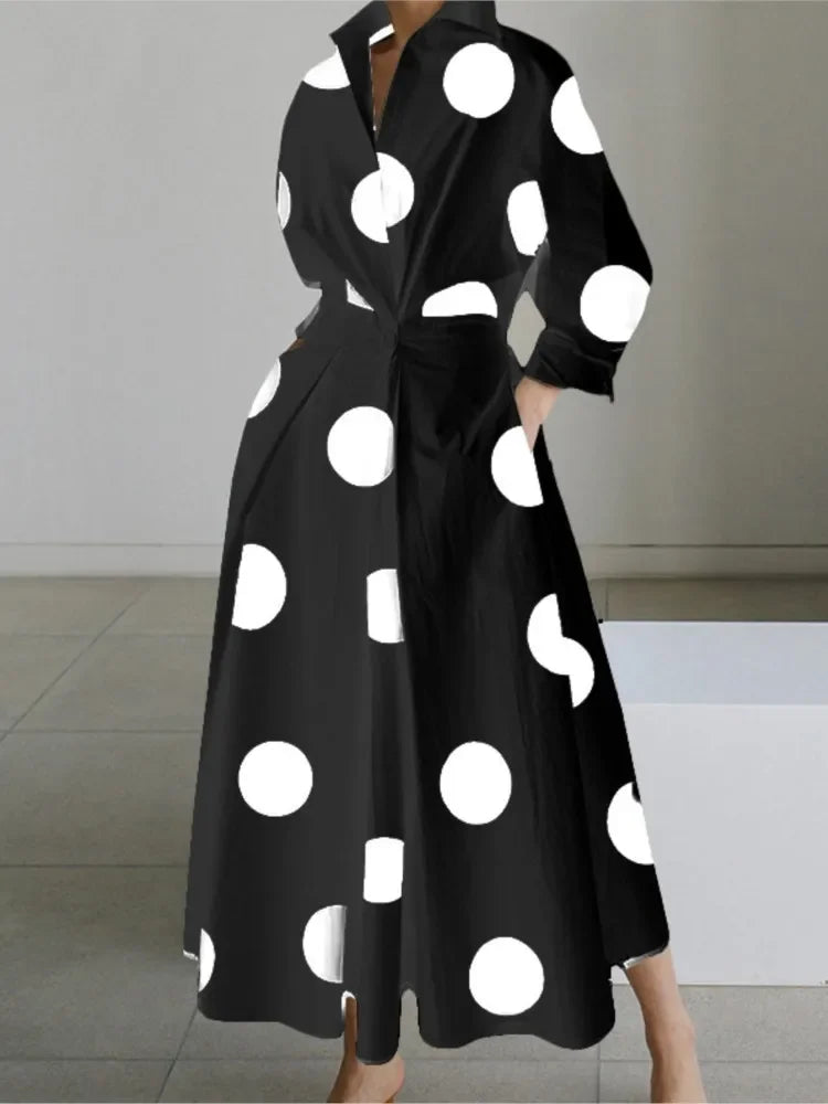 Cralom White Dot Print Maxi Dress - Elegant V Neck Autumn Long Sleeve Party Robe