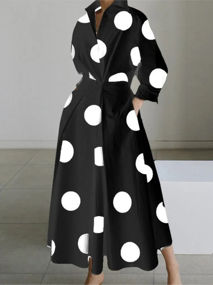 Cralom White Dot Print Maxi Dress - Elegant V Neck Autumn Long Sleeve Party Robe